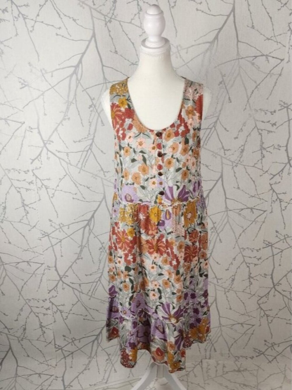 Papa Vancouver Colorful Floral Print Scoop Neck Flowy Midi Dress